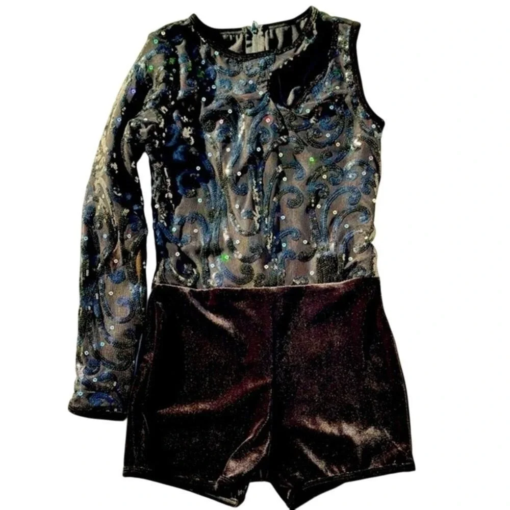 Double Platinum Sequin Unitard dance costume black sequin sparkle CXL